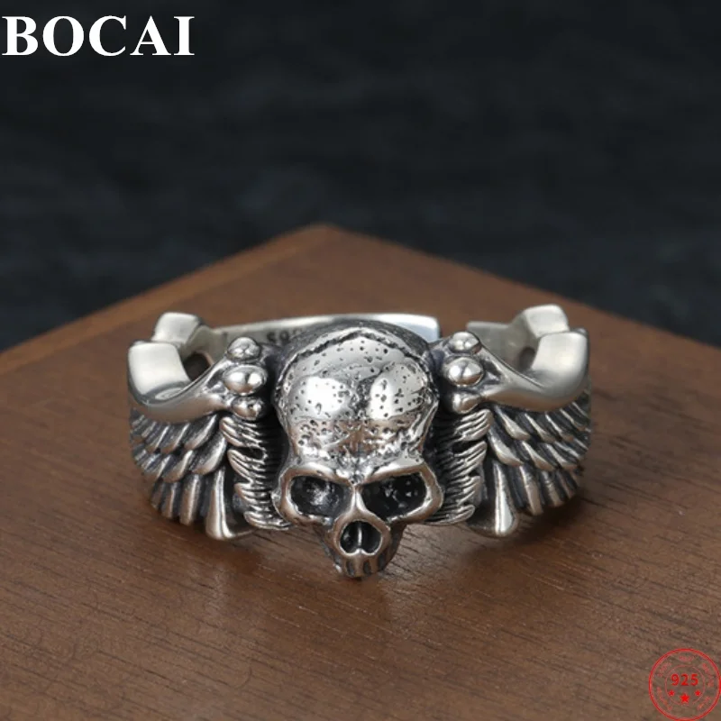 

BOCAI 925 Sterling Silver Charms Rings for Women Men New Fashion Emboss Skull-Wings Punk Adjustable Jewelry Free Shipping