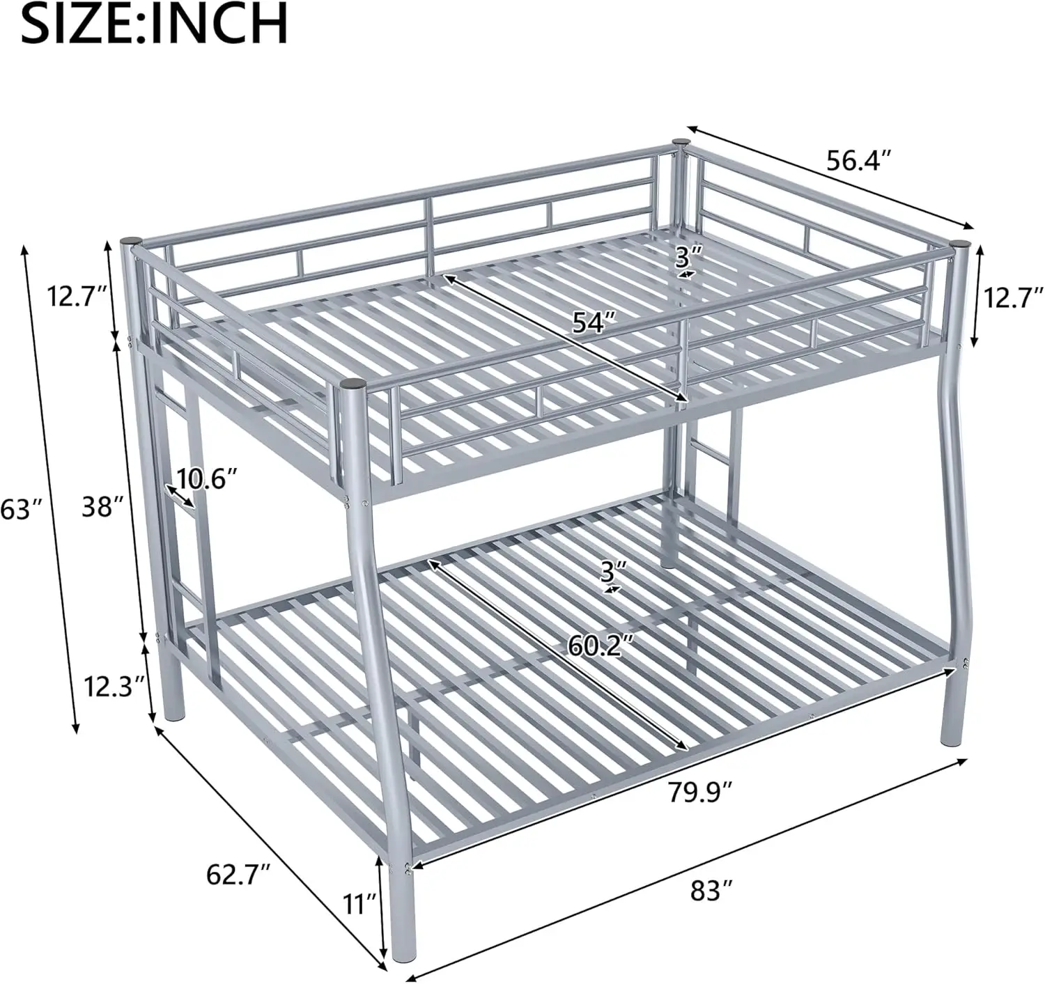 Full Xl Over Queen Bunk Beds With Ladder And Full Length Guardrail, Heavy Duty Bunk Beds/Full Xl Over Queen Bunk Bed For Kids,