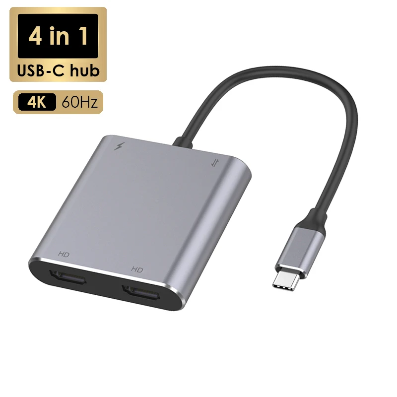 

Док-станция-концентратор 4 в 1, 4K при 60 Гц, двойной HDMI-совместимый адаптер типа C к HDTV PD 100 Вт, USB 3,0-концентратор, разветвитель USB C для Macbook