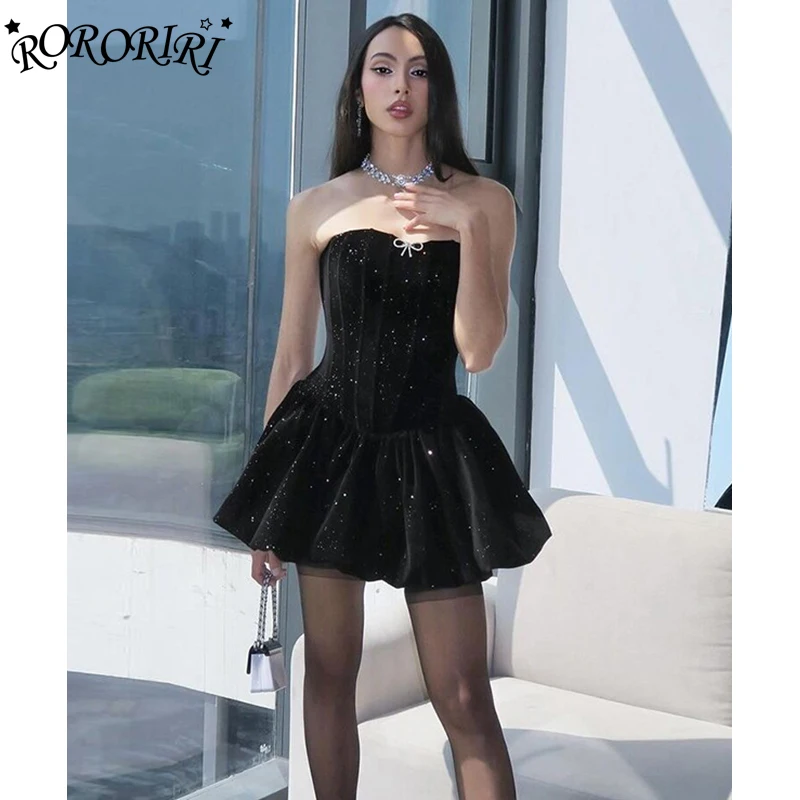 RORORIRI Luxury Glitter Bow Puffy Bud Mini Dress Women Sweetheart Strapless Slim Corset One-piece Evening Party Vintage Clothes