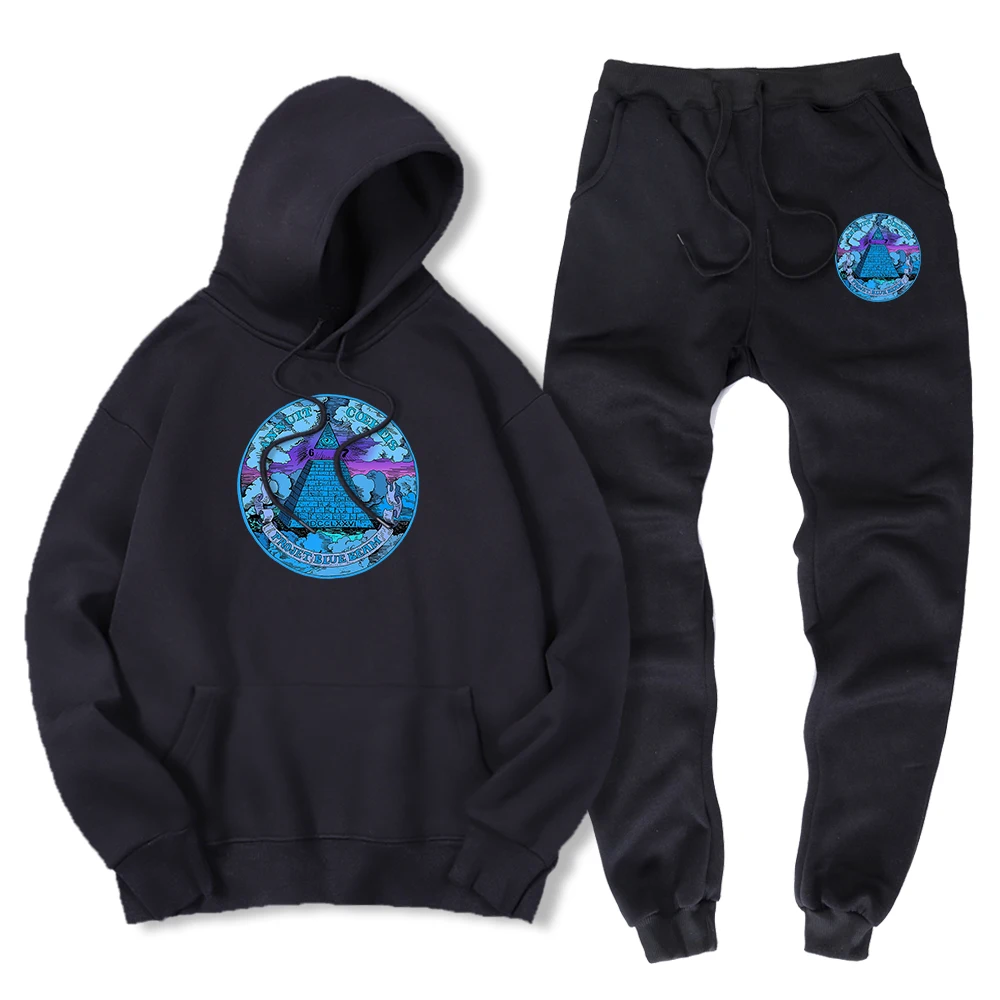 Pyramid Eye Of Horus Printing 2 Piece Hoodie Set Men Fashion Casual Hoody+ Pants Loose Winter Warm Sweatshirt + Sweatpant Male