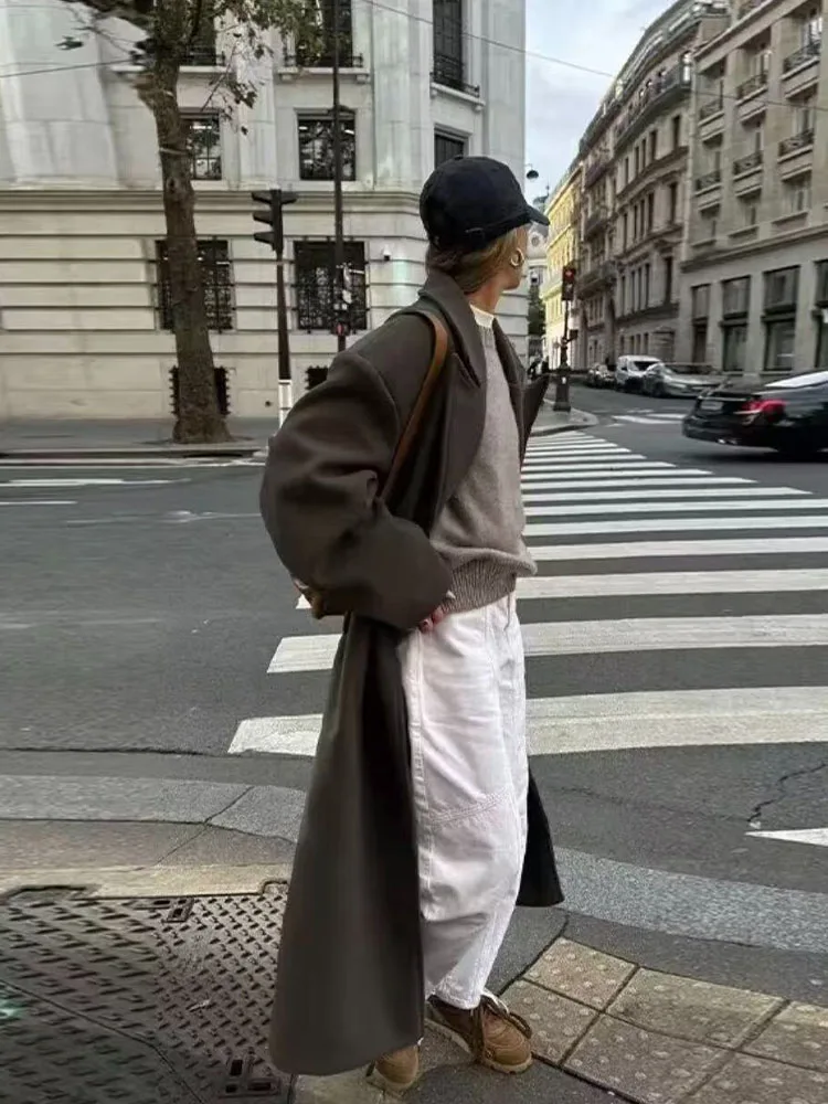 HH امرأة الشتاء موضة بلون طويلة الأكمام مزدوجة الصدر التلبيب معطف طويل الإناث تنوعا عادية التنقل معطف طويل #1