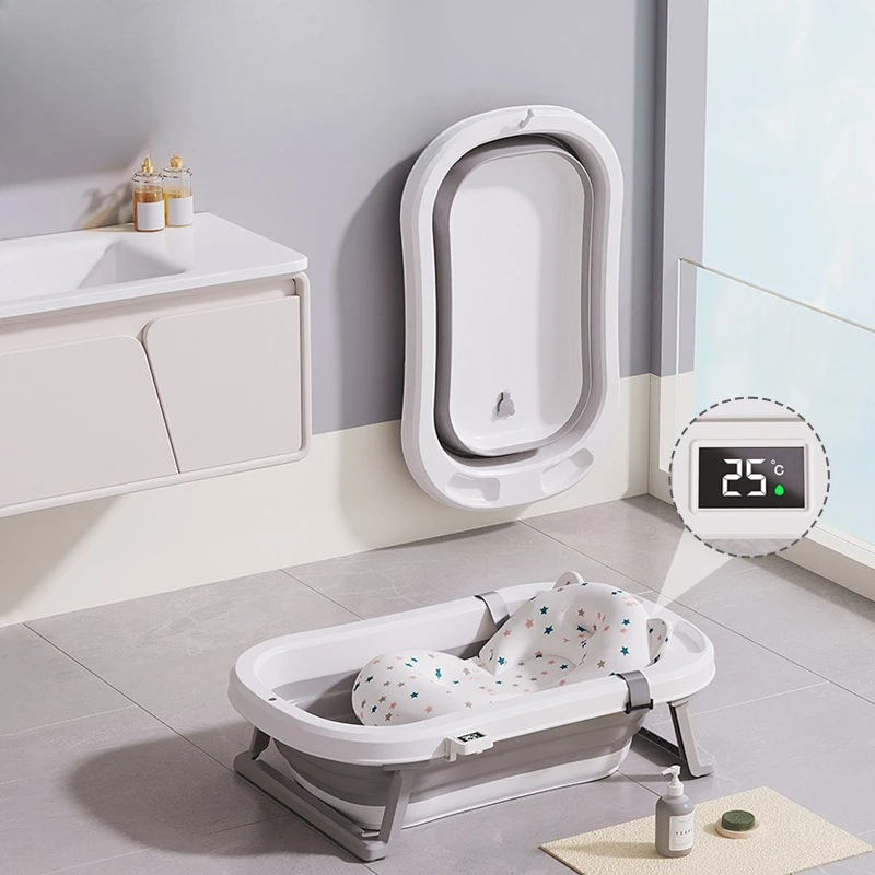 

‌Foldable Baby Bathtub with Seat & Drain Plug Newborn Bathing Tub TPE+PP Material Non-Slip Infant Wash Basin with Stand‌
