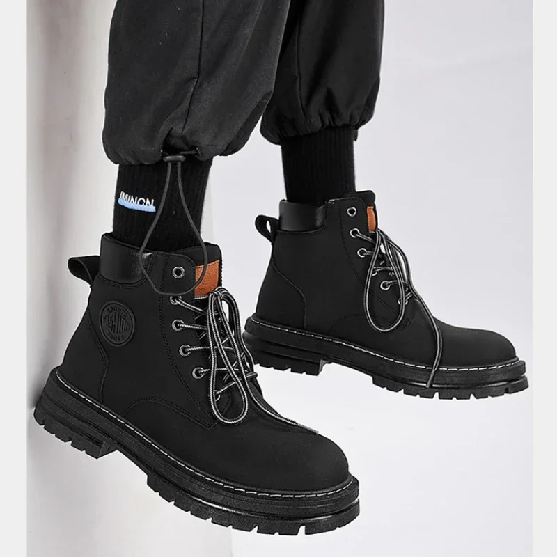 Men Retro Work Shoes Autumn Winter Men\'s High Top Non Slip Warm Casual Boots Cow Suede Lace-up Round Head Tooling Boots for Men