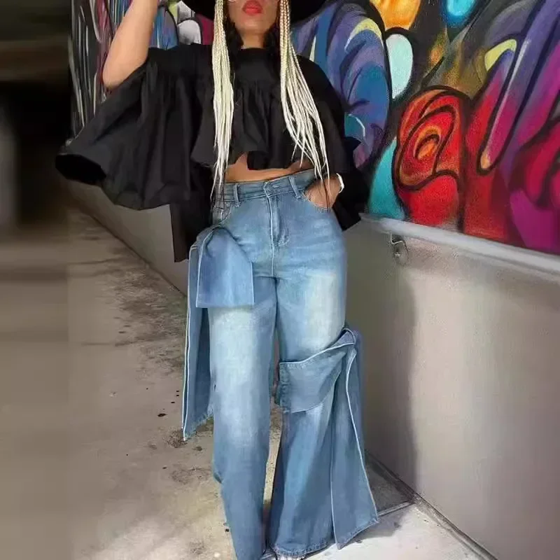 

Spring New Washed Old Splicing Bow Wide-leg Pants Design Sense High Waist Thin Jeans Women