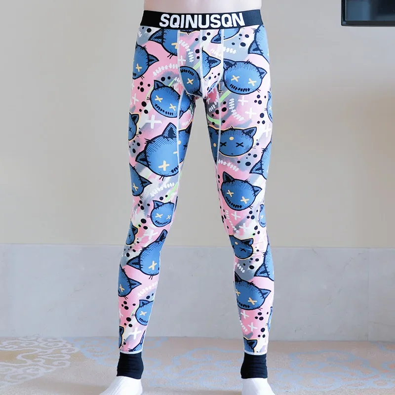 New Men's Fall Pants Fashionable Flower Thermal Underwear Cotton Thin Section Slim Camouflage Bottoms Male Clothing Pants