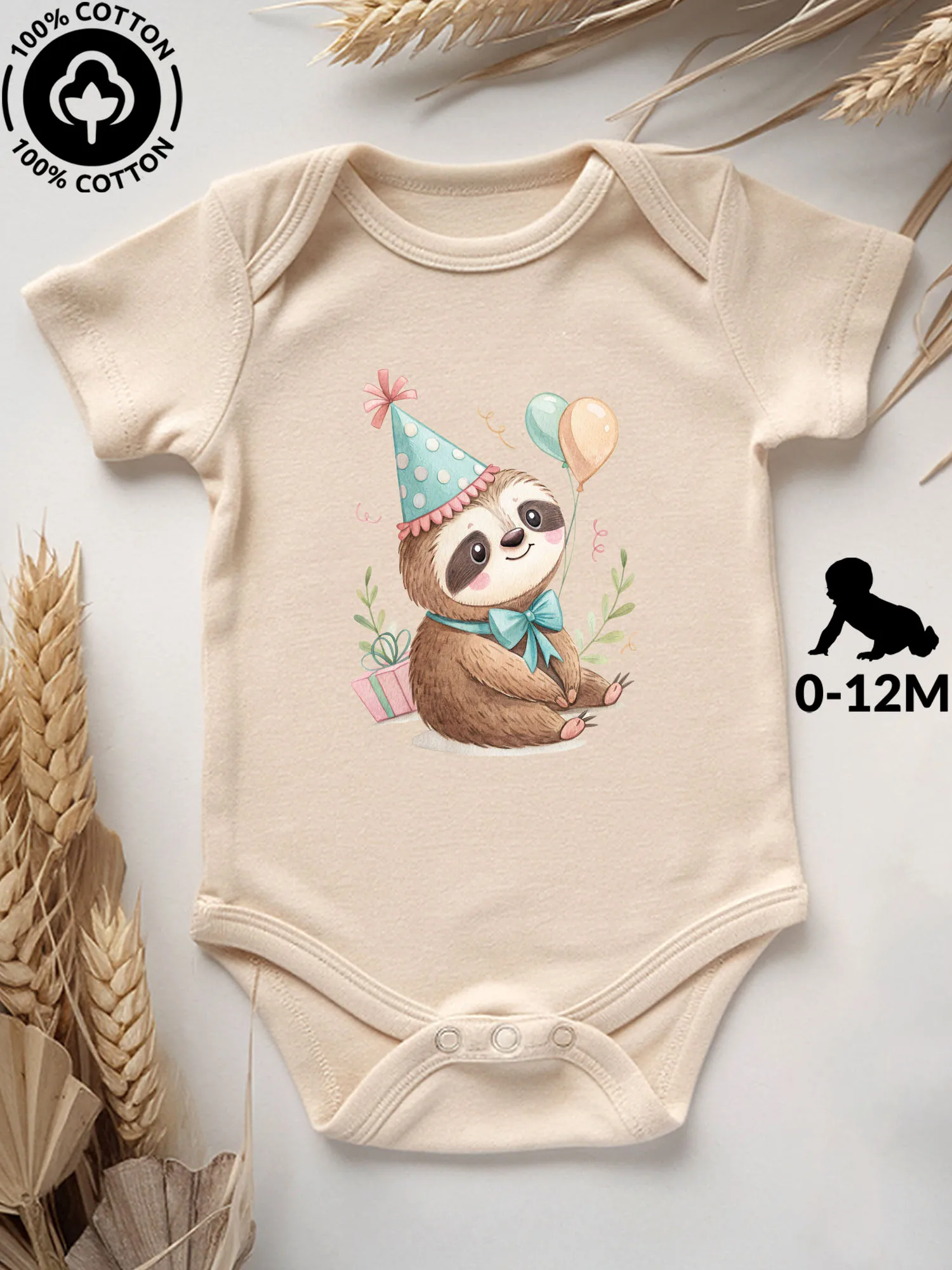 

Детский комбинезон-слип унисекс с принтом ленивца на день рождения, 100% хлопок, мягкий, всесезонный, бежевый, для ползания, 190 г/м²