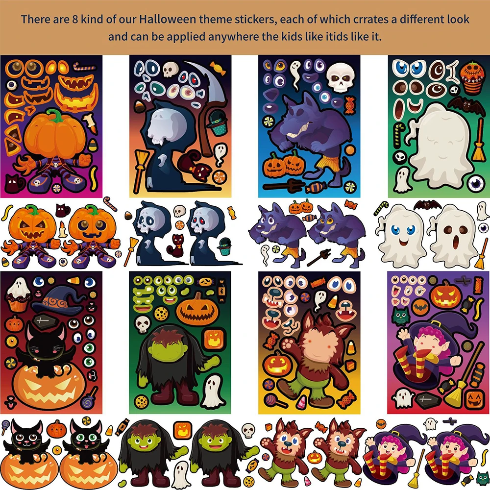 8/16Sheets Make-a-Face Halloween Stickers Puzzle Games Kids Create Your Own Ghost Witch DIY Assemble Jigsaw Children Party Toys