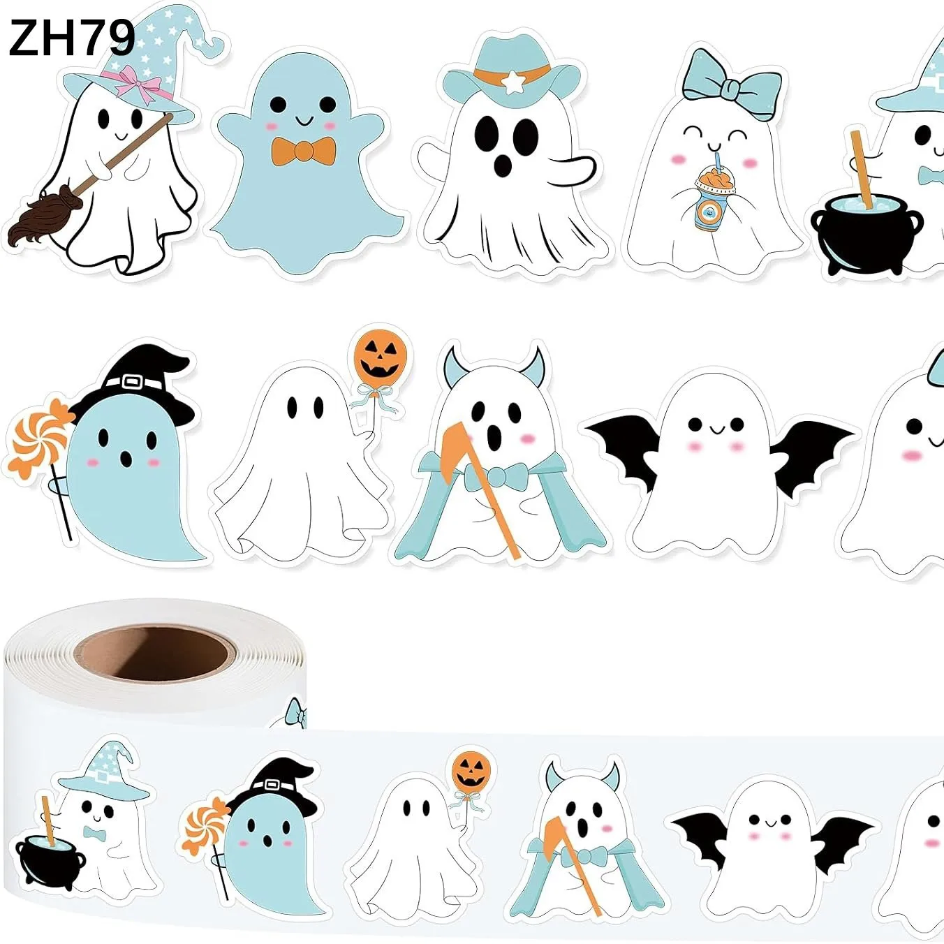 500PCS/Roll Hallowmas Blue and Pink Ghosts Sealing Stickers Cute Ghost Cartoon Roll Decal DIY Luggage Phone Guitar Cup Kid Toys