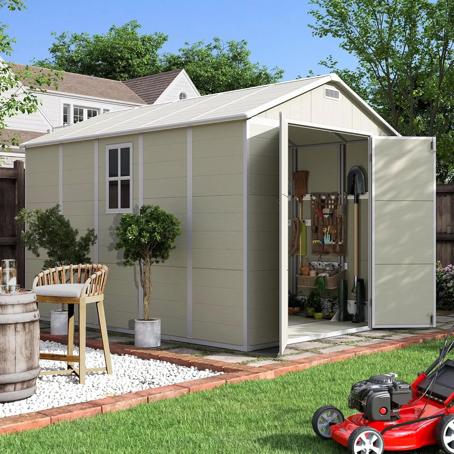 Outdoor Storage Shed 7.5x10.7 FT Plastic Garden Shed for Bike Garbage Can Tool Outside Sheds & Outdoor Resin Shed