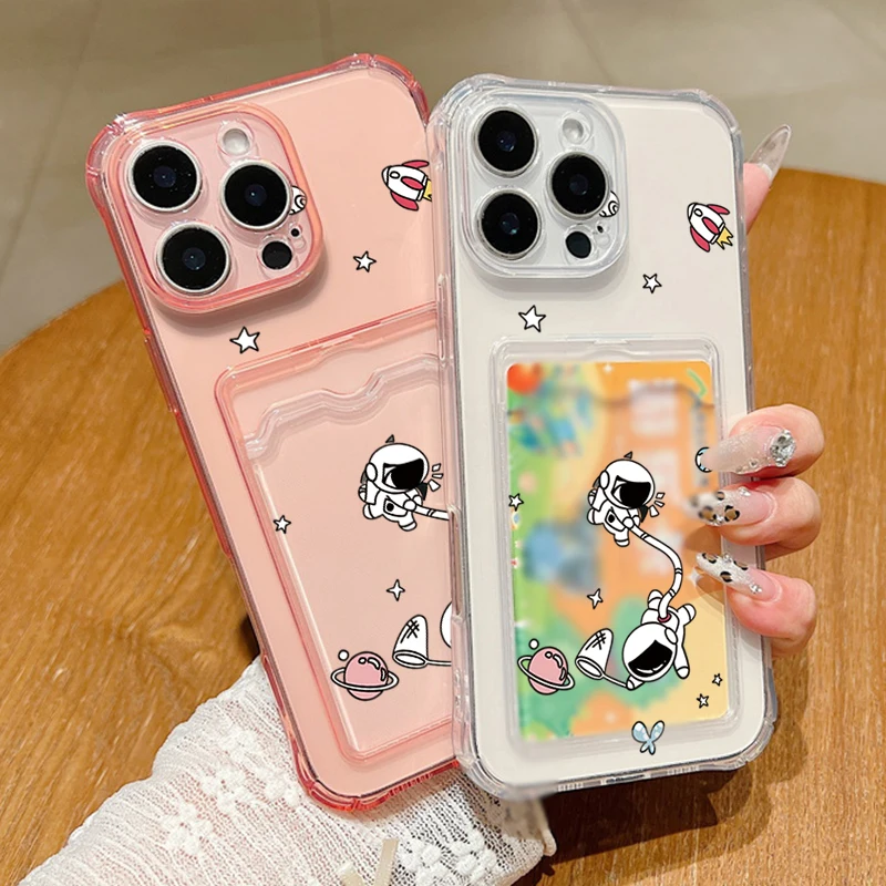 Case For iPhone 16 Pro Max Luxury Card Slot Capture Lunar Astronauts Clear Soft Silicone Cover For iPhone 11 12 13 14 15 Pro Max