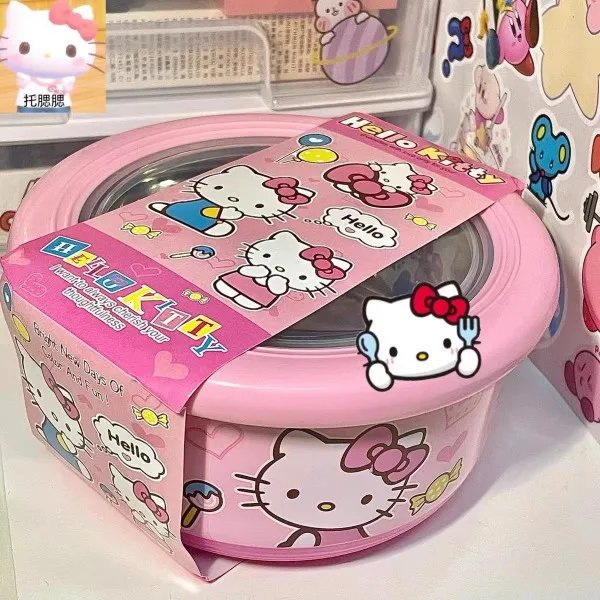 Sanrio Hello Kitty น่ารักชามราเมนสแตนเลสพร้อมฝาปิดขนาดใหญ่บะหมี่กึ่งสําเร็จรูปผลไม้สลัดข้าวซุปชามบนโต๊ะอาหาร