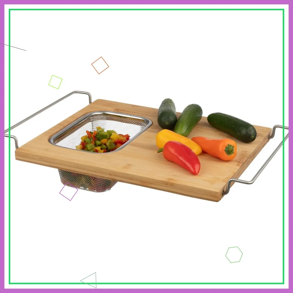 

2-in-1 Bamboo Cutting Board with Stainless Steel Strainer - Adjustable Over Sink Kitchen Helper for Small Spaces