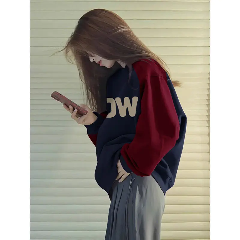 Women'S Sweatshirts Winter Woman Clothing Knit Fabric Slight Stretch Regular Fleece-Lined Euro-American Patchwork Big Pockets