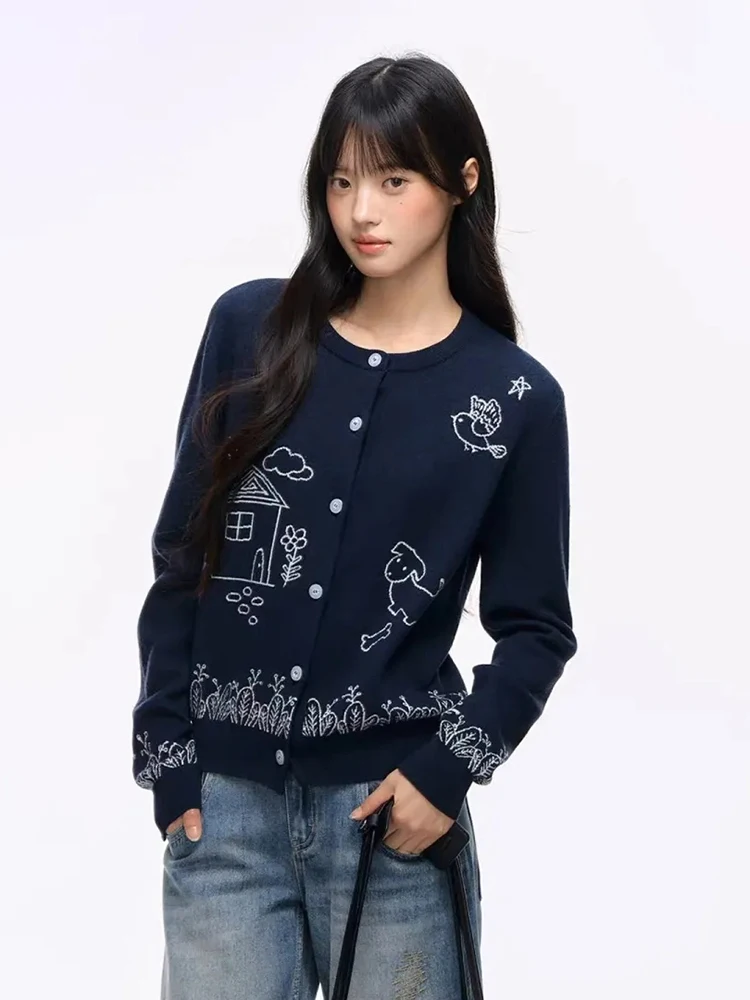 

Cartoon Embroidery Cute Cardigan Sweater Women Preppy Style Kawaii O Neck Retro Knitted Coat Casual Fall Long Sleeve Retro Tops