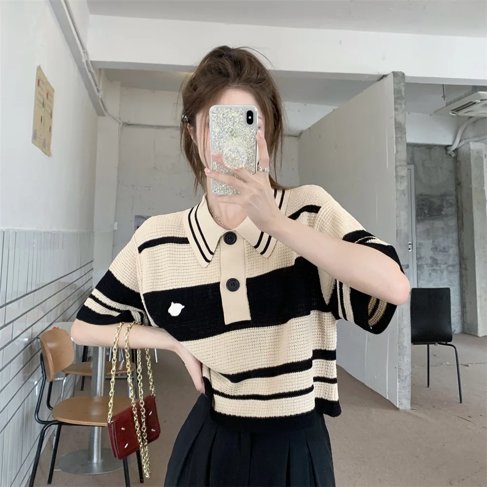 

Весна-лето, новый универсальный полосатый вязаный топ с воротником-поло, женский свободный крой, модный топ, винтажные тонкие пуловеры с короткими рукавами D574