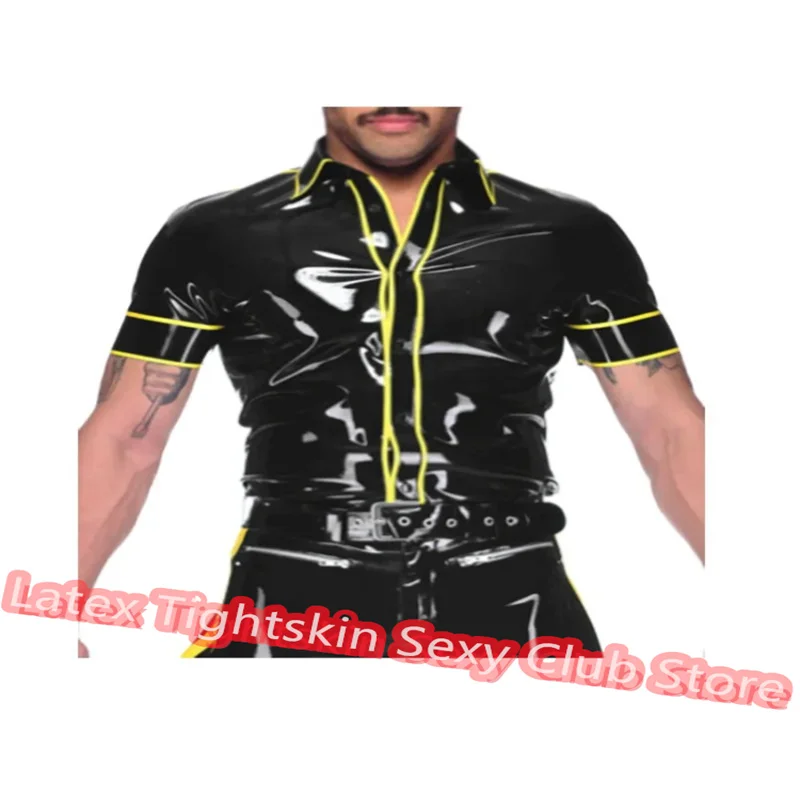 

Handmade Latex Men Sleeveless Shirt Man Sexy Tops Rubber Tank Vest with Yellow Trim Cosplay Costume
