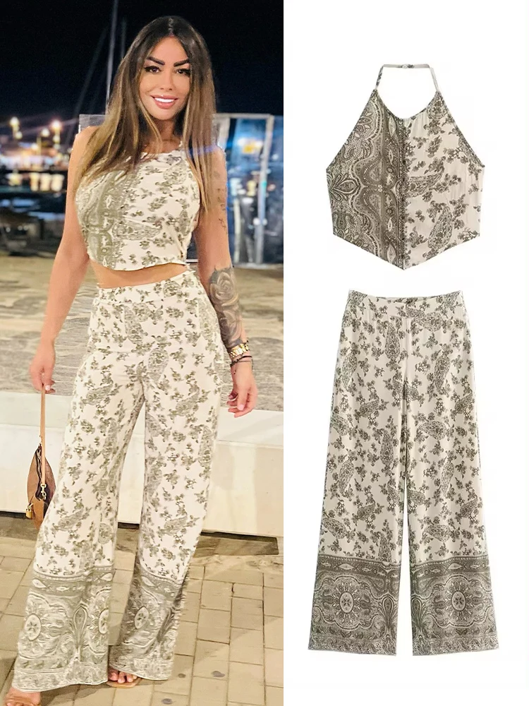 TRAFZA-Top corto con estampado bohemio para mujer, Top corto sin mangas con espalda descubierta y cuello Halter, pantalones de pierna ancha de cintura media informales elegantes a la moda