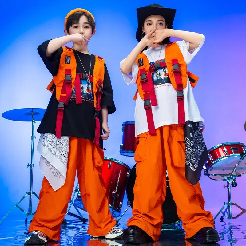 

Kid Kpop Hip Hop Clothing Black Graphic Tee T Shirt Orange Vest Top Casual Ruched Cargo Pants for Girl Boy Dance Costume Clothes