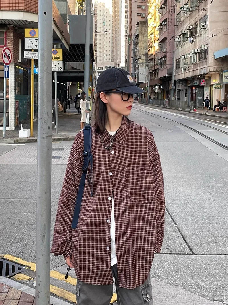 

Loose Cotton ket irt Vintage Plaid Long Sve Turn-down Collar Men Women Autumn Winter Layering Top Youth Faion