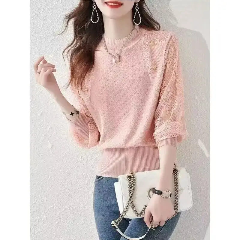 Autumn Winter Fashion Elegant Lace Spliced Long Sleeve Knitted Tops Women\'s Clothing All-match Commute Solid Color Sweaters