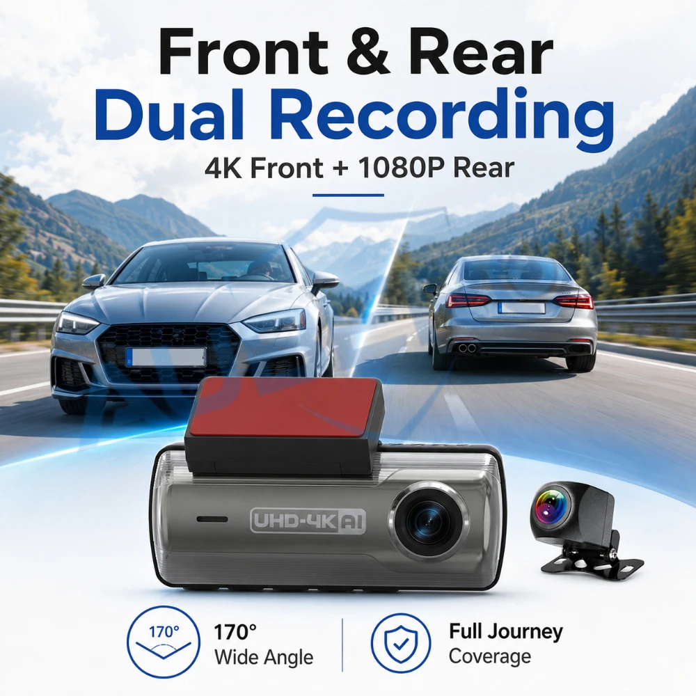 4K UHD Car DVR Dash Camera Front Rear View Recorder 170° Wide Angle Lens WiFi Smart Driving Camera Night Vision Loop Recording