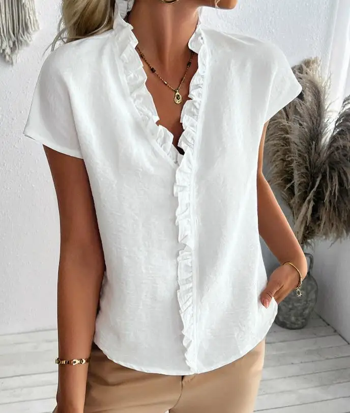 

2026 Spring/Summer New Women's Fashion Casual Simple Black Ear Edge Short Sleeve Women's Shirt Women's Wear