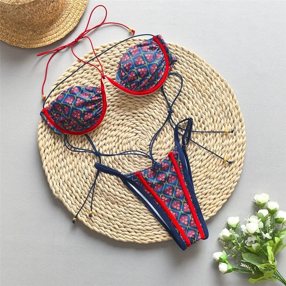 

Blue Vintage Print String Thong Micro Bikini Push Up 2025 Sexy Swimsuit Women Back Knotted Swimwear Bathing Suit Bikinis Sets