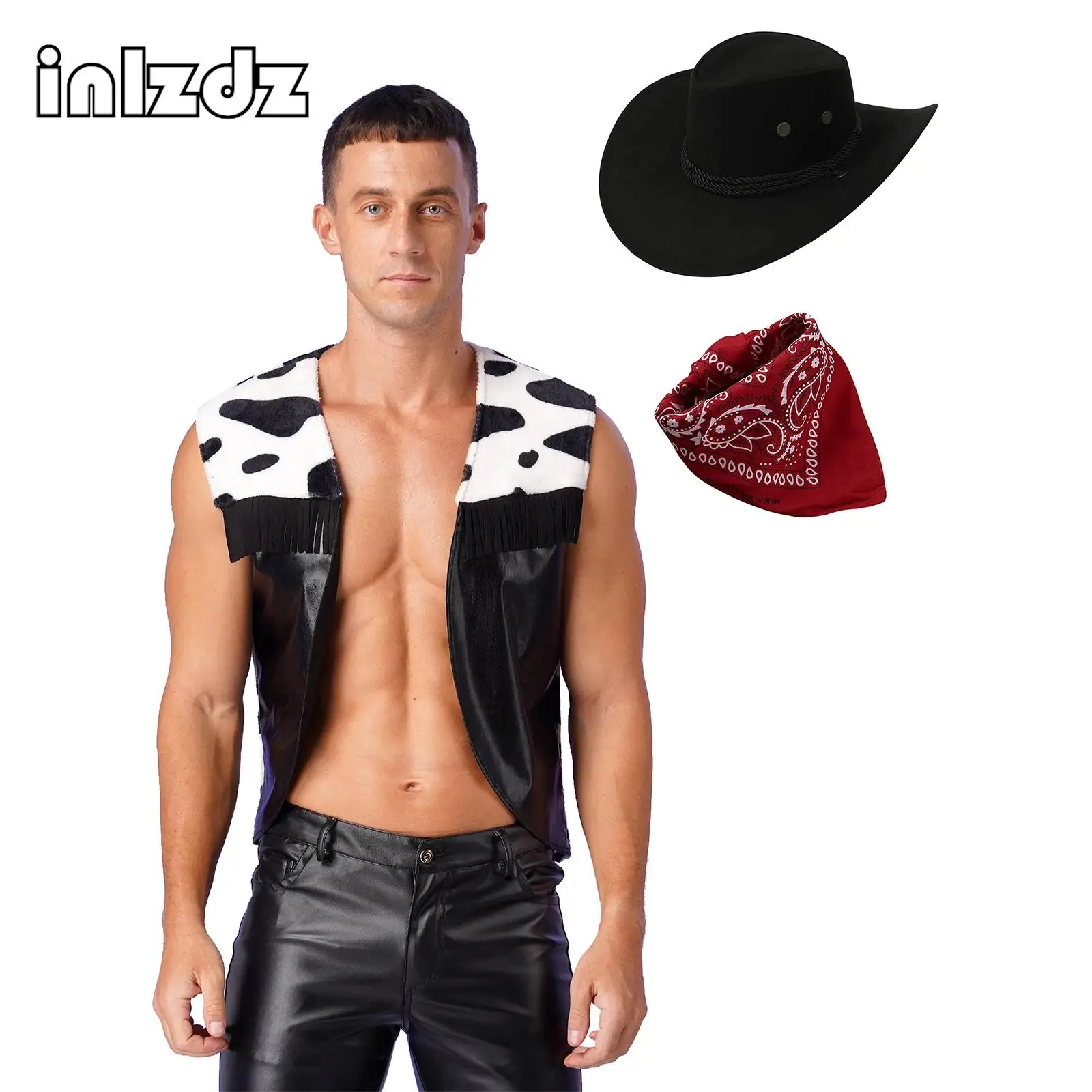 

Men Cow Print Vest Top Halloween Western Fancy Dress Up Flannel Open Front Coat Jacket Cowboy Cardigan Bandanna Hat Set