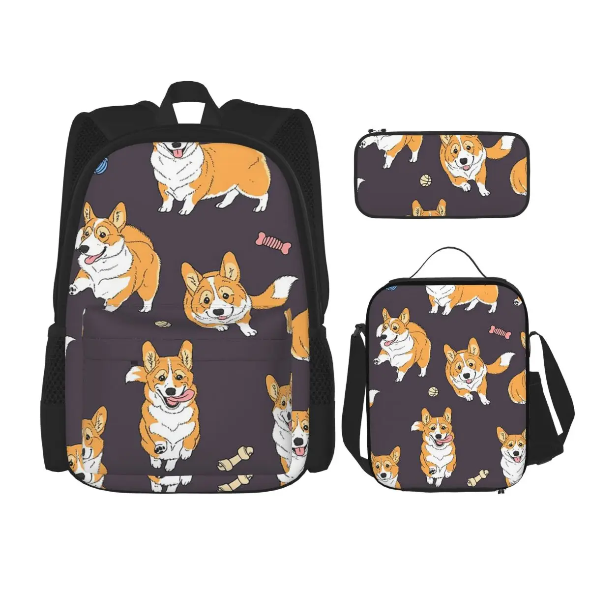

Playing Corgi Dog On Grey Backpacks Children Bookbag School Bags Rucksack Lunch Bag Pen Bag Three-Piece Set