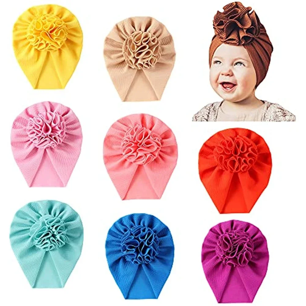 Cute Solid Big Flower Bow Beanie Turban Hats Caps Headwraps for Baby Girls Infants Toddlers Kids Children Hair Accessories Gifts