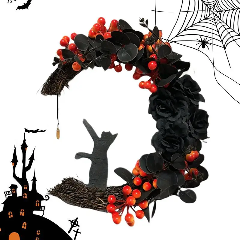 Black Cat Halloween Wreaths Halloween Cat Door Wreath Horror Decorations Halloween Moon Wreath With Black Cat For Home Party