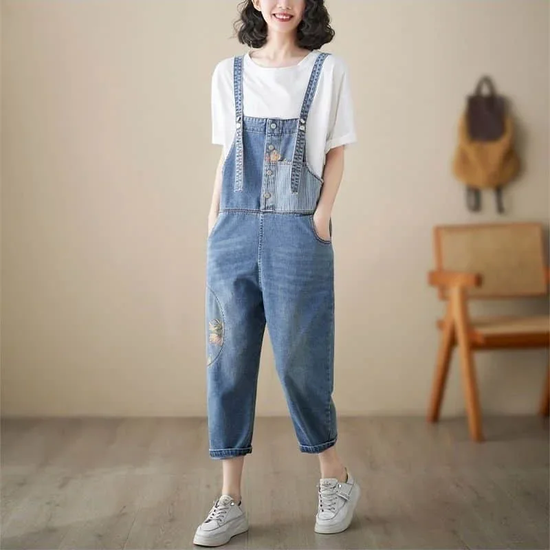 Macacões jeans soltos casuais redução de idade jeans coreano moda vintage luz azul macacão uma peça roupas femininas