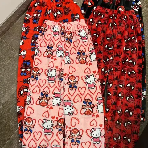 Y2K Hello Kitty SpiderMan Schlafhose Anime Pyjamahose Flanell Freizeithose Cartoon Bequeme Loungewear Hose Paar Geschenk
