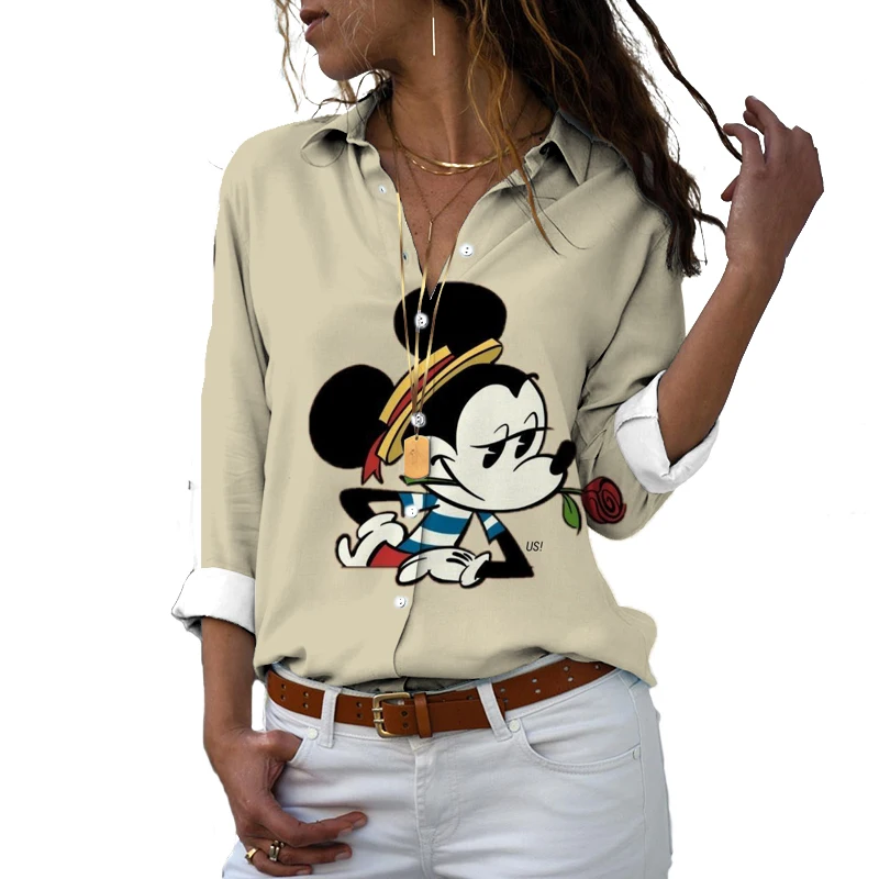 Camisa estampada feminina Minnie Cartoon, manga comprida, lapela, fofa, casual, moda de rua, Harajuku, Novo, 2024