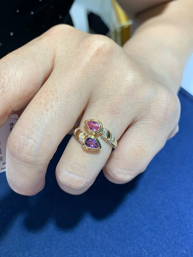 LUOWEND 100% 18K Yellow Gold Rings French Fashion Style Shiny Diamond Natural Color Sapphire Ring for Women High Party Jewelry