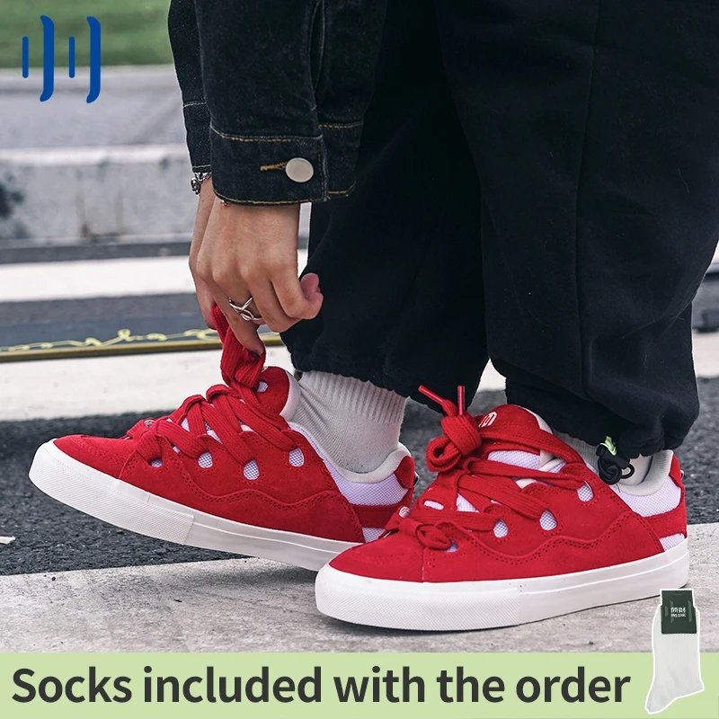 Ollieskate Red & White Color Matching Suede Canvas Skateboard Shoes for Men & Women Retro Streetwear Sneakers