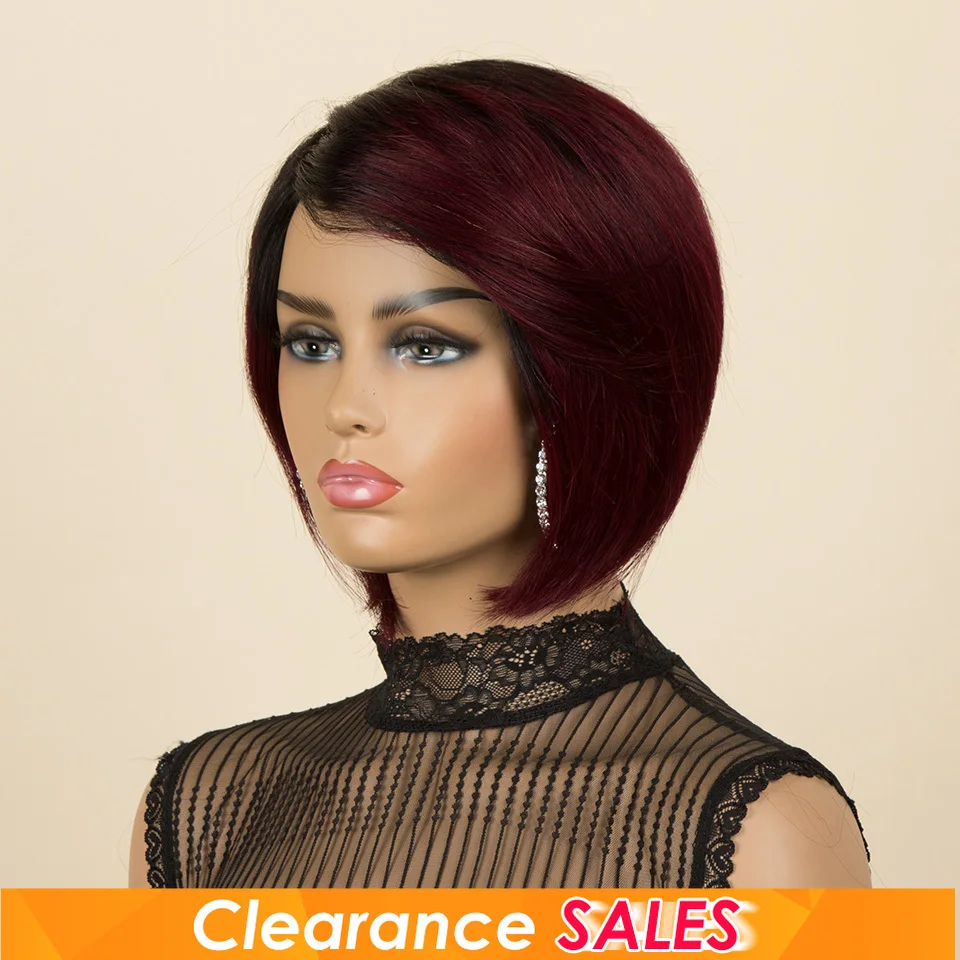 Burgundy 1B/99J Short Pixie Cut Side Part Straight Bob 100% Human Hair Wig For Women Brazilian Remy Hair Color Full Machine Made - Image 3