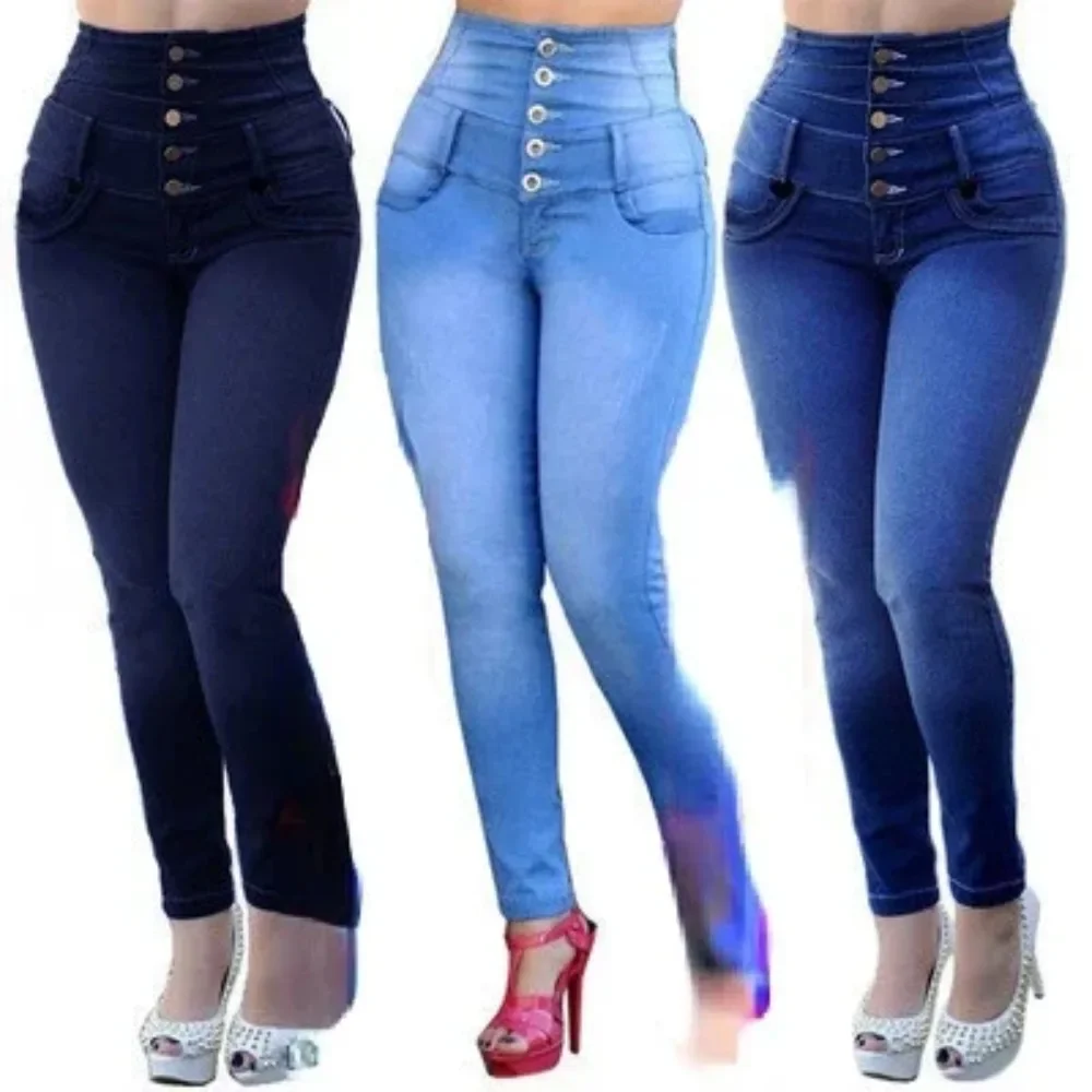 Pantalones vaqueros rectos ajustados con cinco botones para mujer, Jeans elásticos ajustados, pantalones de pierna pequeña, cintura alta, 2024