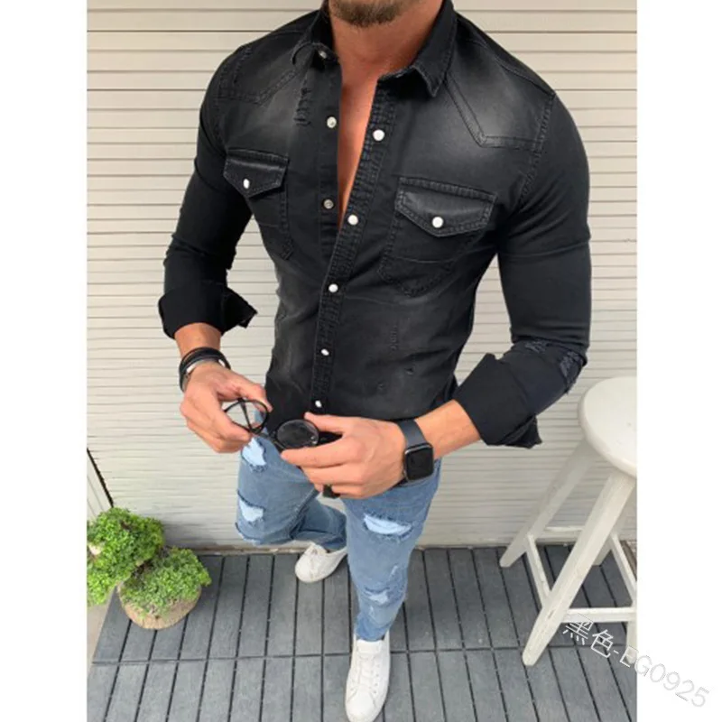 Simple Men's Denim Shirt Casual Fashion Button-down Double Pocket Decoration Slim-fit Washed Denim Long-sleeved Jacket