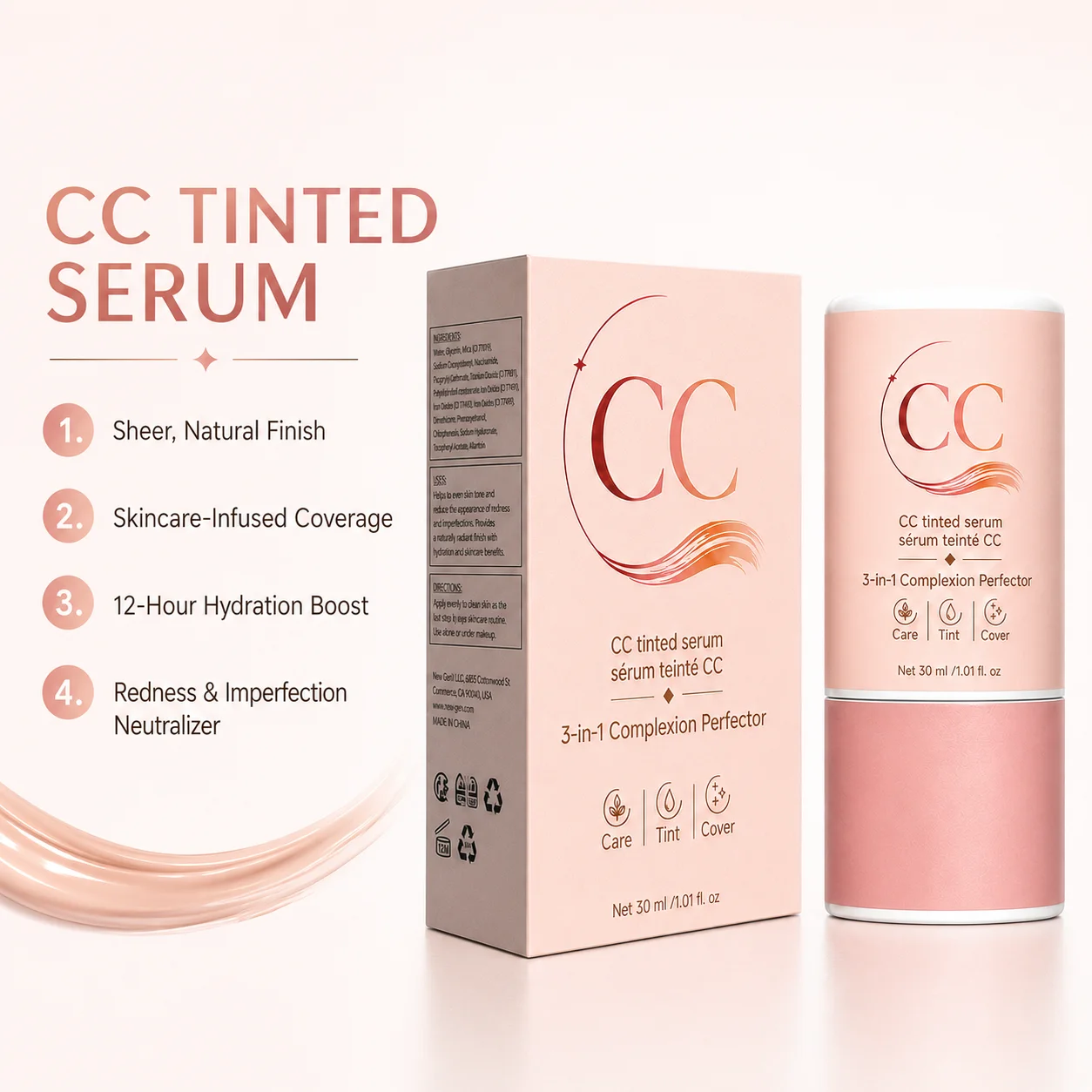 30ml CC Tinted Serum Color Correcting Face Serum, Lightweight Hydrating Skincare Infused with Niacinamide for Even Skin Tone