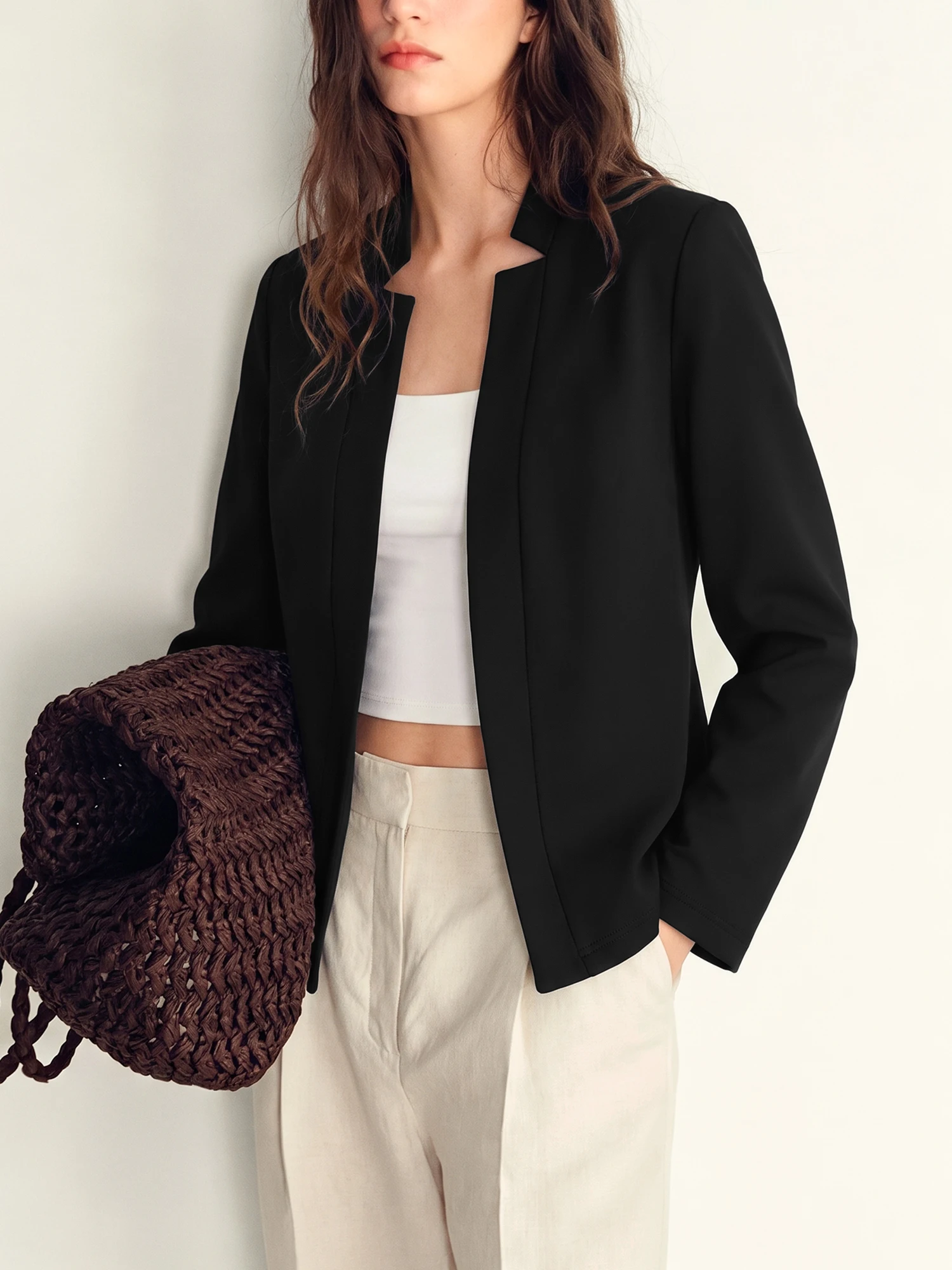 Women Soft Knit Stand Collar Open Blazer Long Sleeve Plain Black Slim Commuter Suit Outerwear