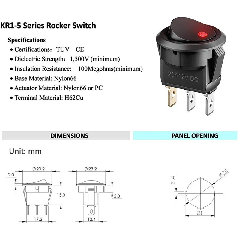 10PCS/LOT On-off Control 4 Colors Push Button Switch 3 Pin 12v 20a Amps Car Truck Rocker Round Toggle Led Switch