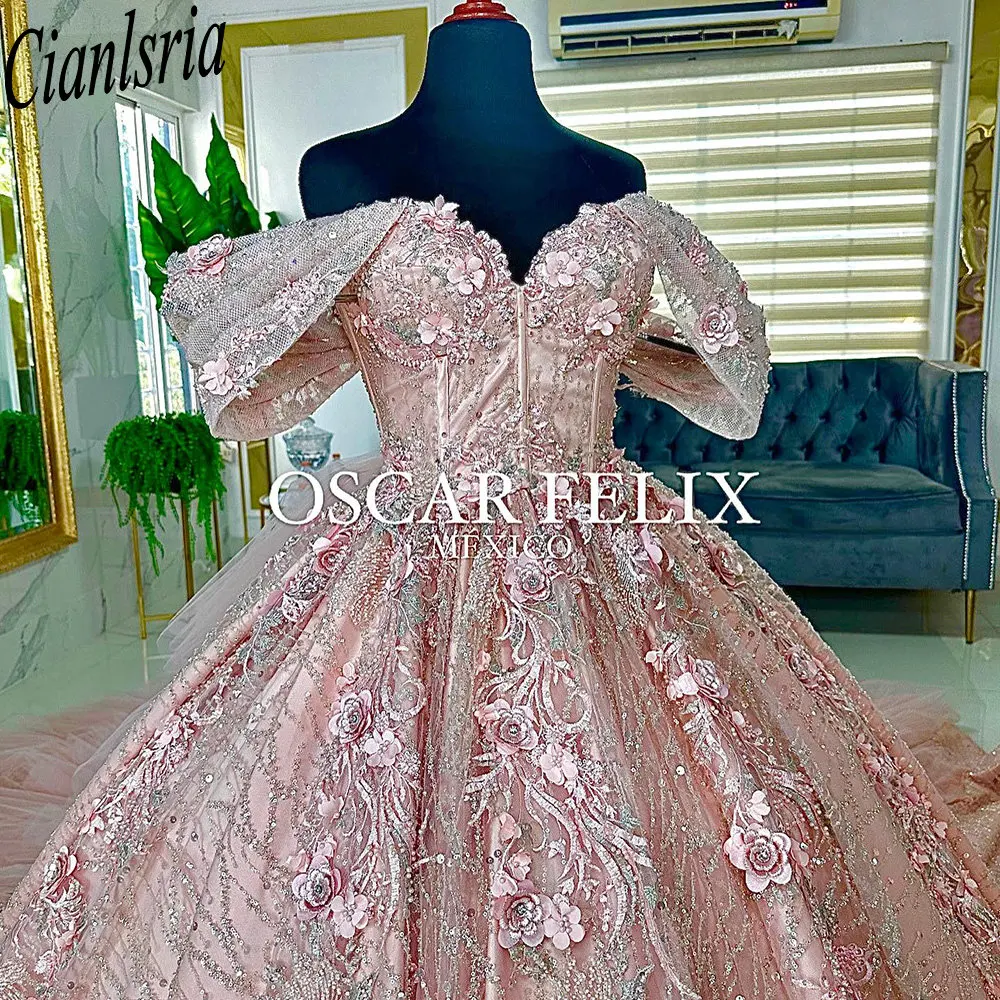 Rose Gold Off The Shoulder Beading Sequined Ball Gown Quinceanera Dresses 3D Flowers Appliques Lace Corset Vestidos De 15 Años