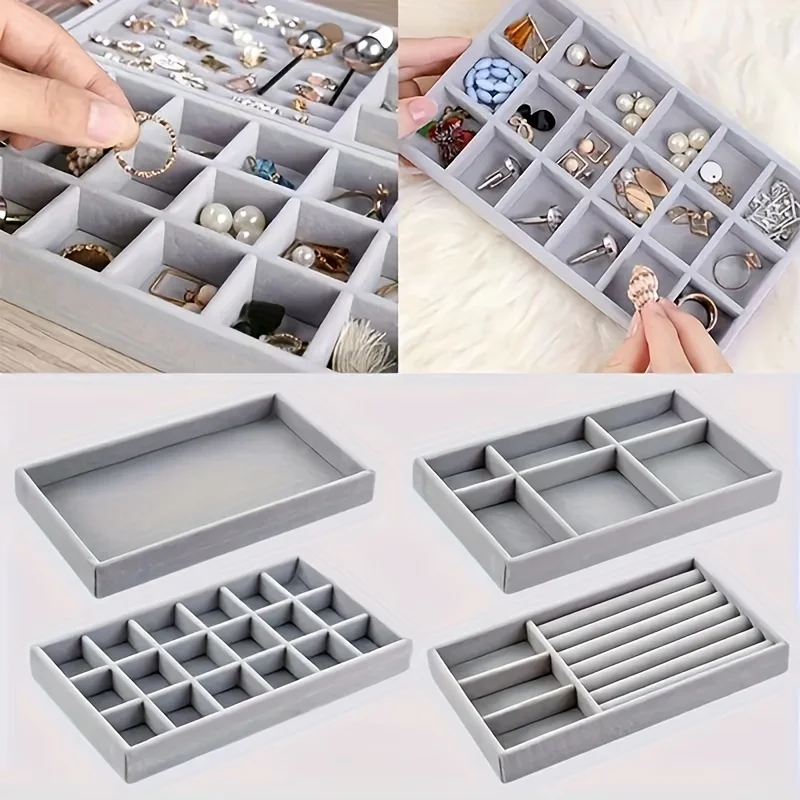 Velvet Jewelry Organizer Trays Set, Display  For Earrings, Rings, Necklaces, Bracelets, Pendants, Multi-Size Desktop Jewel