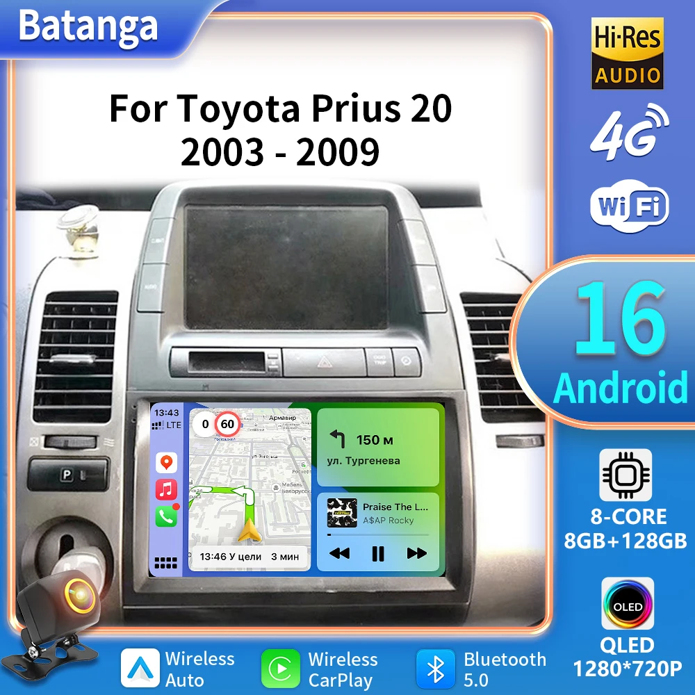 Pour Toyota Prius 20 2003-2009 Android 16 Carplay Autoradio Multimédia Stéréo Lecteur d'unité principale Écran de navigation GPS 2din DVD