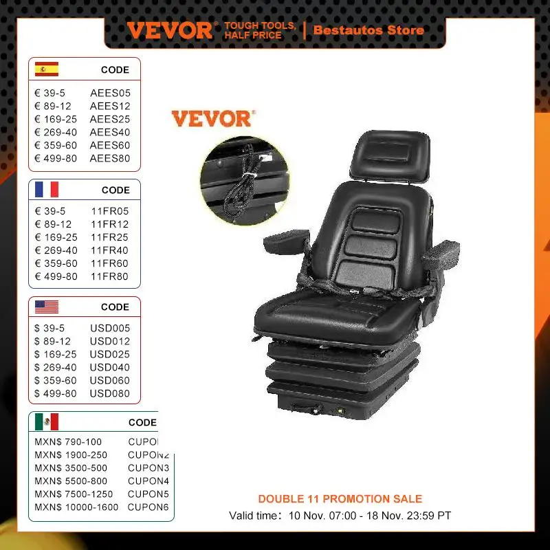 VEVOR Replacement Tractor Seat Suspension Tractor Forklift Seat with Belt and Switch for Mower Excavator Grader Wheel Loaders