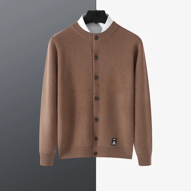 Men's cardigan 100% Merino wool knitted coat thick long-sleeved men's sweater O-neck shirt in autumn and winter.