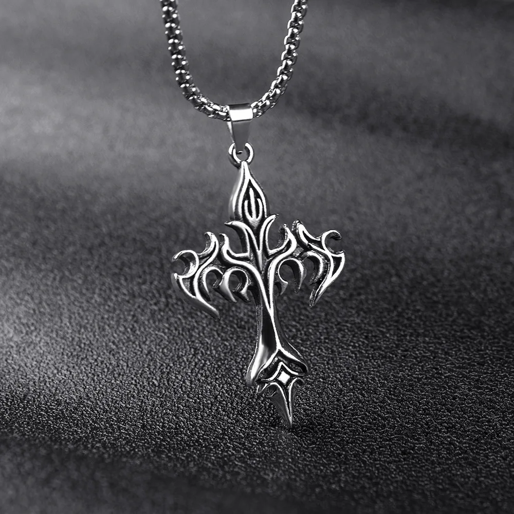 Fashion Trend Flame Cross Pendant Necklace for Men and Women Personalized Punk Religious Exorcism Lucky Jewelry