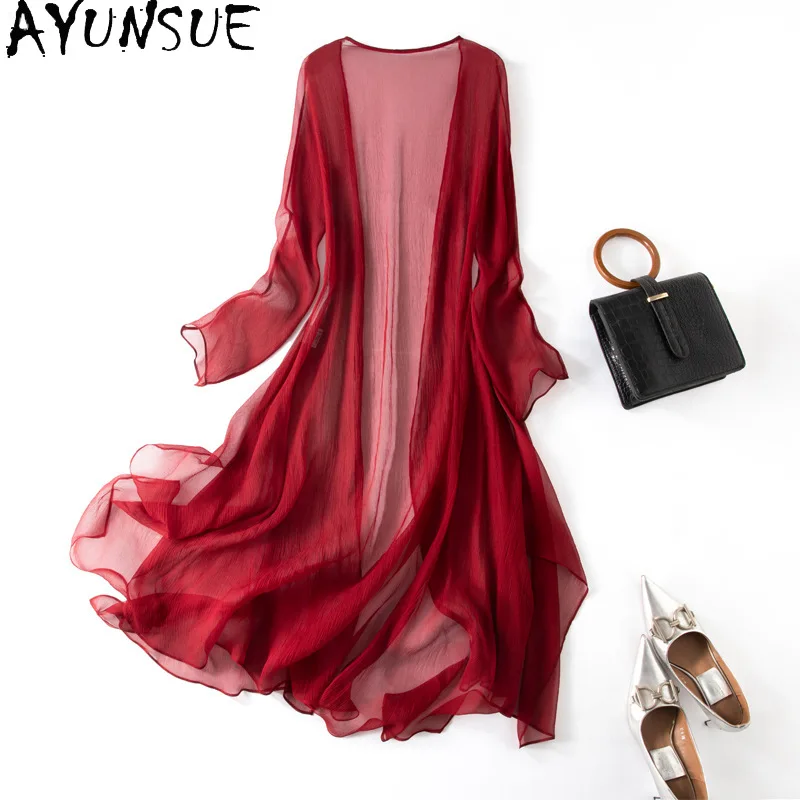 

AYUNSUE 100% шелковая солнцезащитная одежда для женщин, повседневная длинная шаль, летняя однотонная верхняя одежда, верхняя одежда для выхода на улицу, женская одежда Ropa